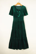 Elegant Emerald Maxi Dress with V-neck, Short Sleeves, Tiered Design, Velvet Fabric, Boho-inspired Style