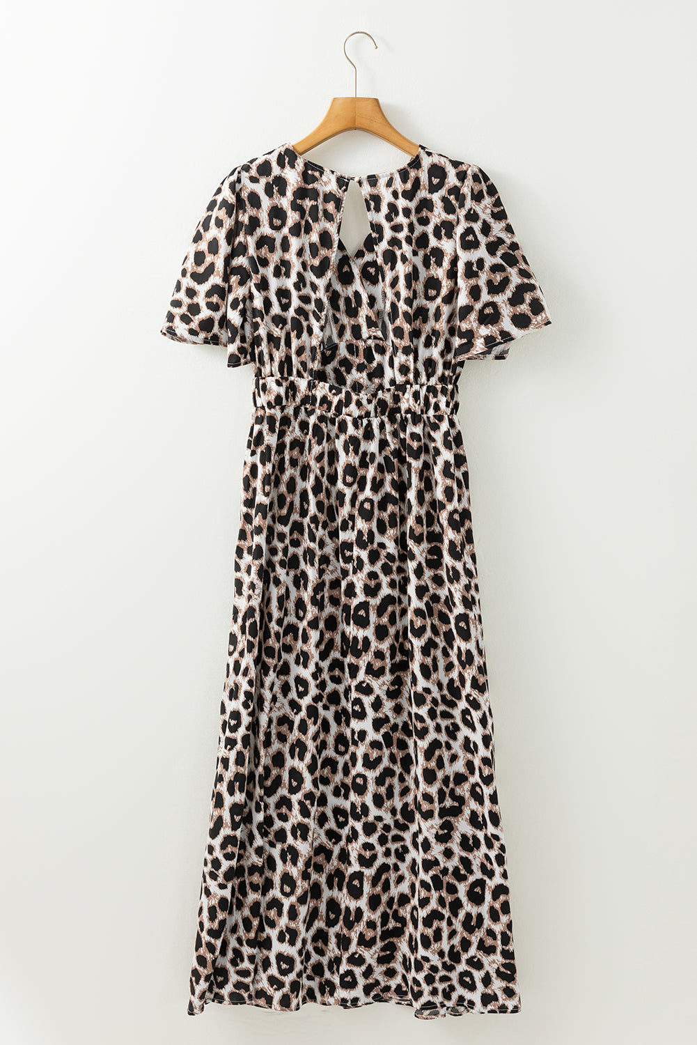 Leopard print maxi dress with flutter sleeves and V-neck, perfect for a bold and elegant look.