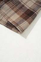 close-up of the plaid fabric used in the PLAID CHARM Mini Dress by Vivian-Lu, showcasing brown and beige tones.