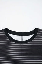 Black and white striped mini T-shirt dress neckline with soft fabric and ruffle detail.