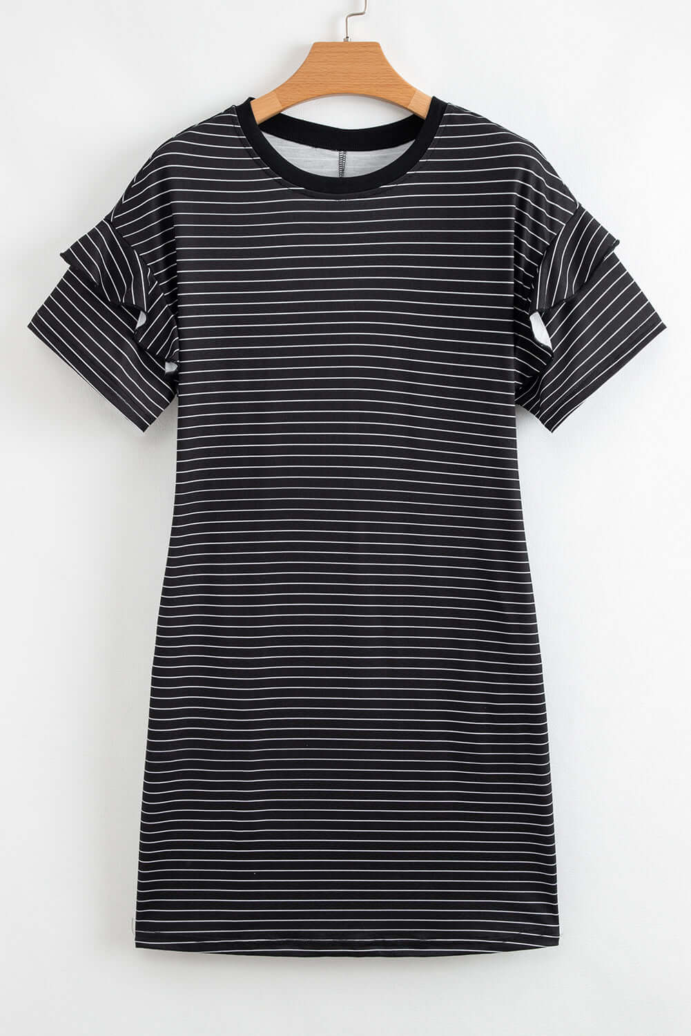 Black stripe mini t-shirt dress with ruffle sleeves and pockets, perfect for casual stylish wear.