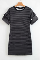 Black stripe mini t-shirt dress with ruffle sleeves and pockets, perfect for casual stylish wear.
