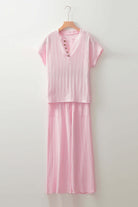 Soft Serenade Set: pink textured Henley top and wide-leg pants for a chic, comfy look.