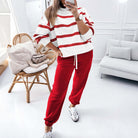 TRUE STRIPES SET featuring a red and white striped top with soft red pants, ideal for stylish loungewear.