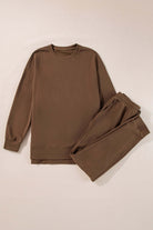 Elemental Energy Set in cozy cocoa, featuring a high low sweatshirt and baggy lounge pants for ultimate comfort.