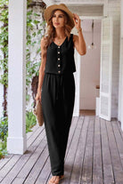 Oasis Moment 2 Piece Pants Set in black featuring a buttoned crop vest and drawstring wide leg pants.