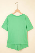 Bright green V-neck drop-shoulder tee from the Zest for Life Shorts Set, showcasing a relaxed fit.