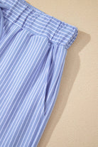 Misty Harbor sky blue stripe shorts set featuring an elastic waistband and stylish vertical stripes for a relaxed fit.