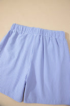 Misty Harbor sky blue striped drawstring shorts, featuring an elastic waistband for comfort and a relaxed fit.
