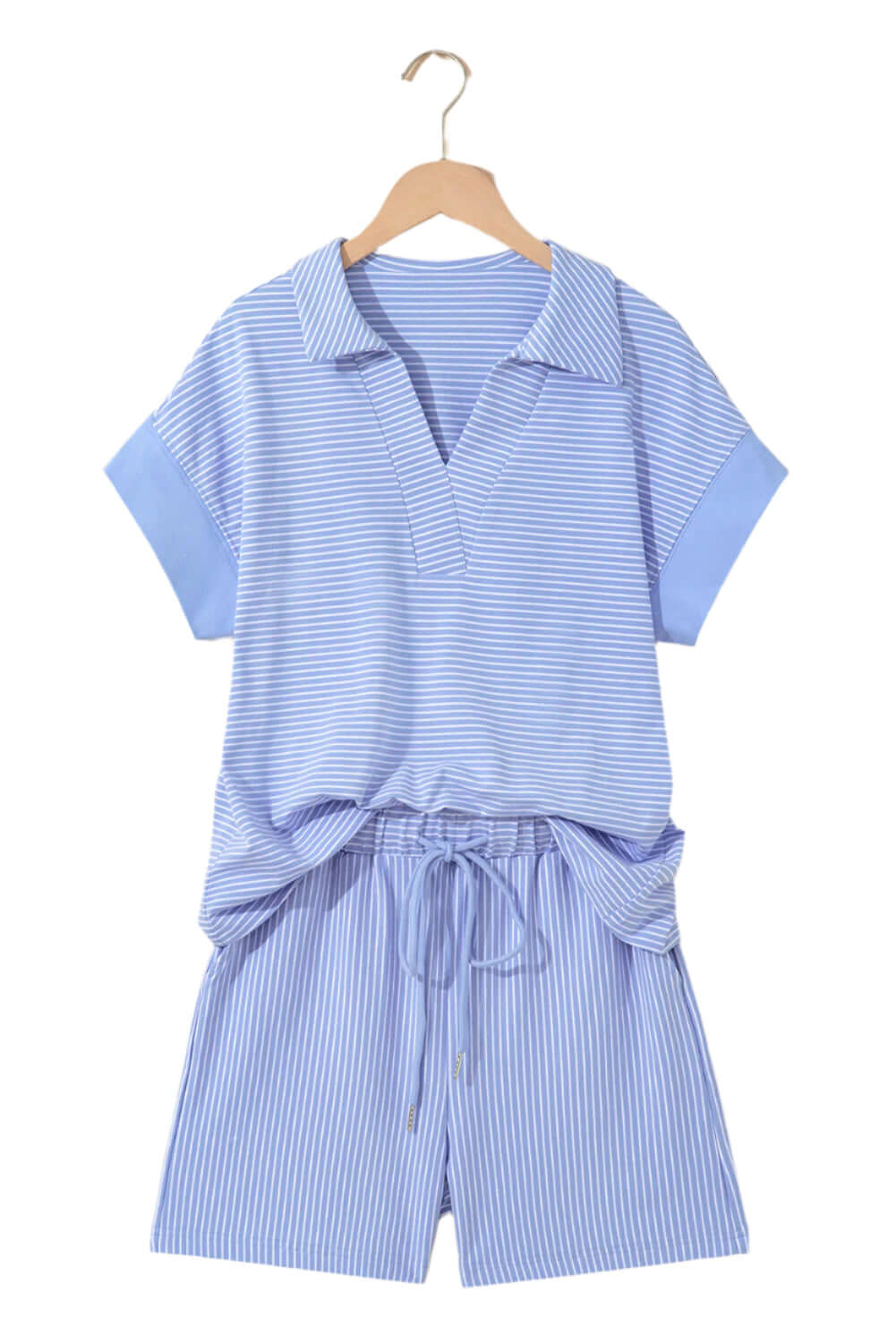 Misty Harbor 2-piece shorts set featuring sky blue stripes, dolman sleeve polo top, and drawstring shorts.