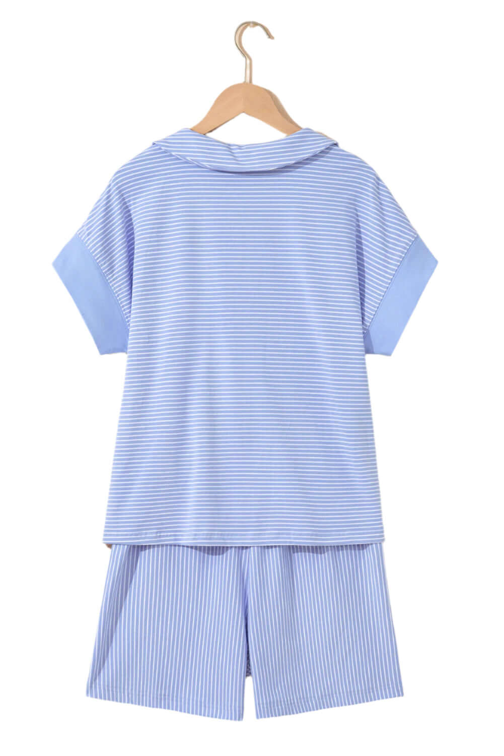 Back view of Misty Harbor 2-piece shorts set in sky blue stripes, featuring a polo top and drawstring shorts.