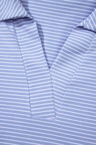 Close-up of V-neck, striped polo top from Misty Harbor 2-piece shorts set in sky blue.