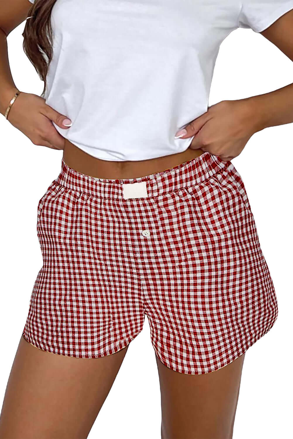 Red gingham high waist shorts with elastic waistband, perfect for warm-weather picnics and casual outings.