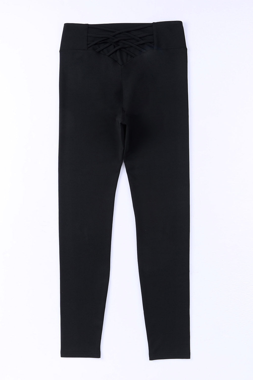 Crossed Paths Leggings in black with crisscross detail and high-waisted design, perfect for gym and daily wear.