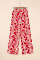 Boho Glam Wide Leg Pants in red and cream abstract paisley pattern, featuring a high waist and wide-leg design.