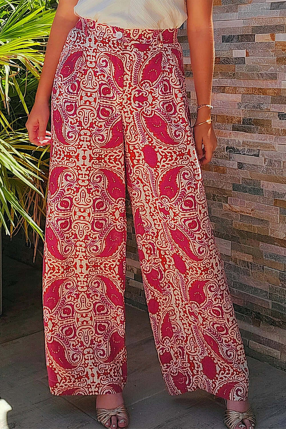 Chic Boho Glam Wide Leg Pants in red and cream with abstract motif, featuring high waist and functional pockets.
