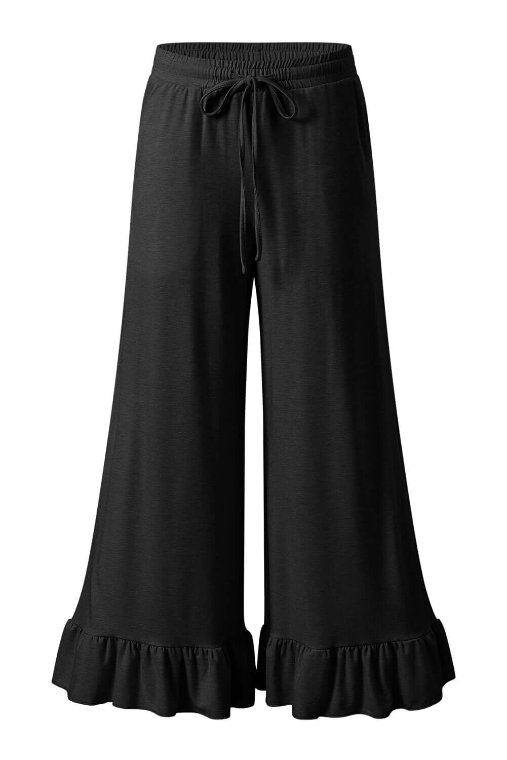 CHARMED COMFORT WIDE LEG PANTS in black with a flattering high waist and ruffled hem detail for stylish comfort.
