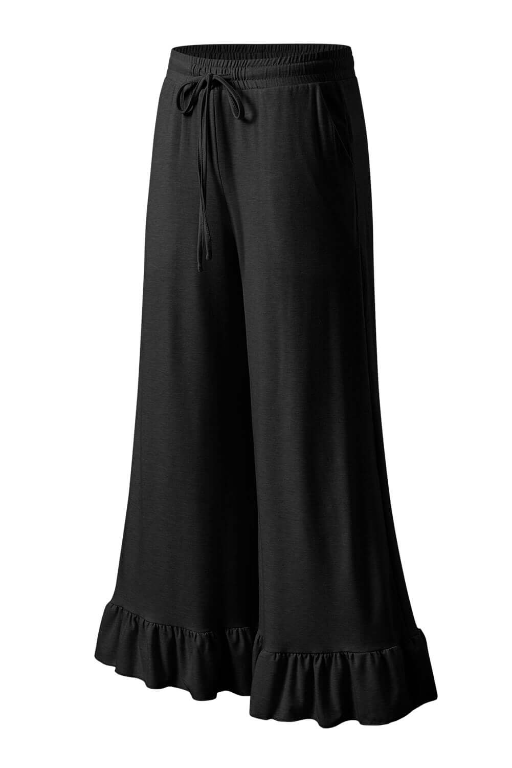CHARMED COMFORT WIDE LEG PANTS in black with ruffled hem, perfect for casual or dressy outfits.