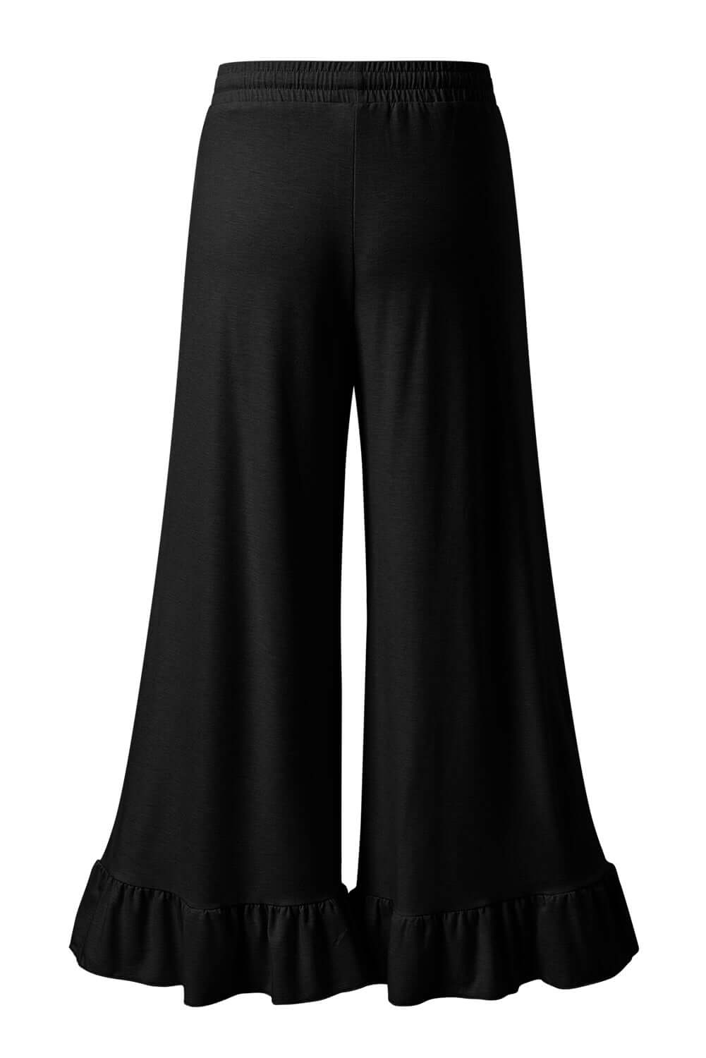 CHARMED COMFORT WIDE LEG PANTS in black with ruffled hem detail and high waist design for effortless style.