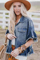 Captivated By You Jacket | Trendy Denim Style by Teal Tiger Boutique $48.00 Discover comfort and style with the Captivated By You denim jacket. This trendy boutique item features playful ruffled sleeves and an edgy raw hemline. Teal Tiger Boutique