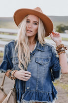 Captivated By You Jacket | Trendy Denim Style by Teal Tiger Boutique $48.00 Discover comfort and style with the Captivated By You denim jacket. This trendy boutique item features playful ruffled sleeves and an edgy raw hemline. Teal Tiger Boutique