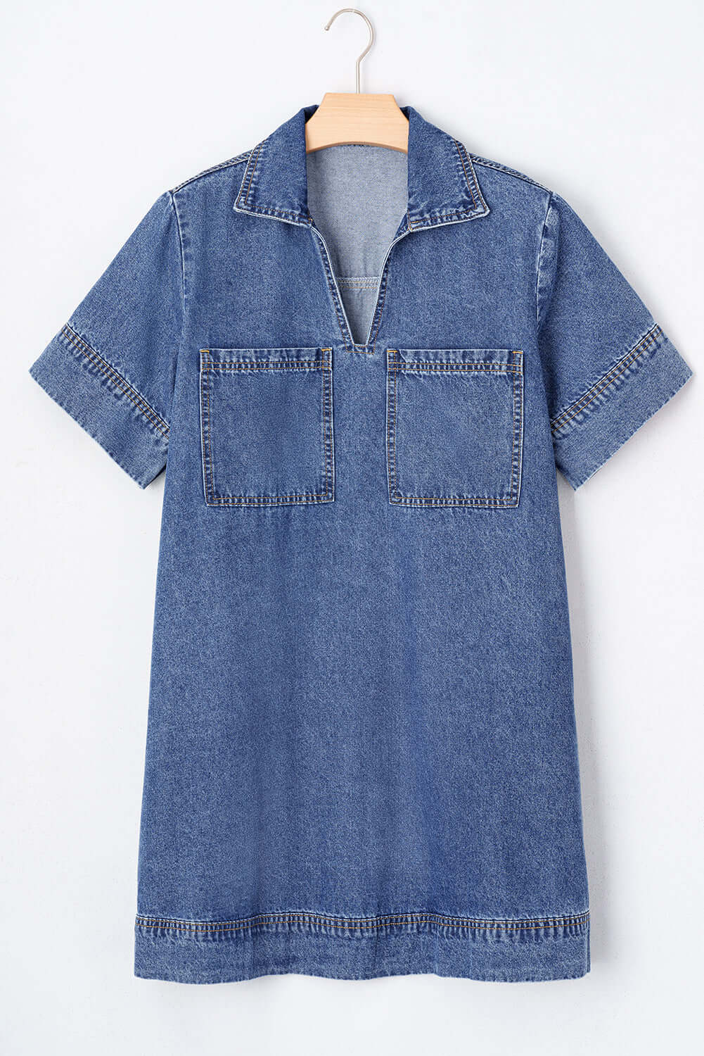 Blue Jean Breeze Dress in denim with short sleeves and patch pockets for relaxed summer style.
