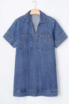 Blue Jean Breeze Dress in denim with short sleeves and patch pockets for relaxed summer style.
