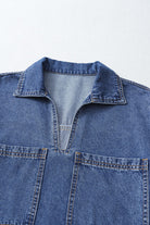 Close-up of the Blue Jean Breeze Dress collar and V-cut front with oversized pockets in denim fabric.