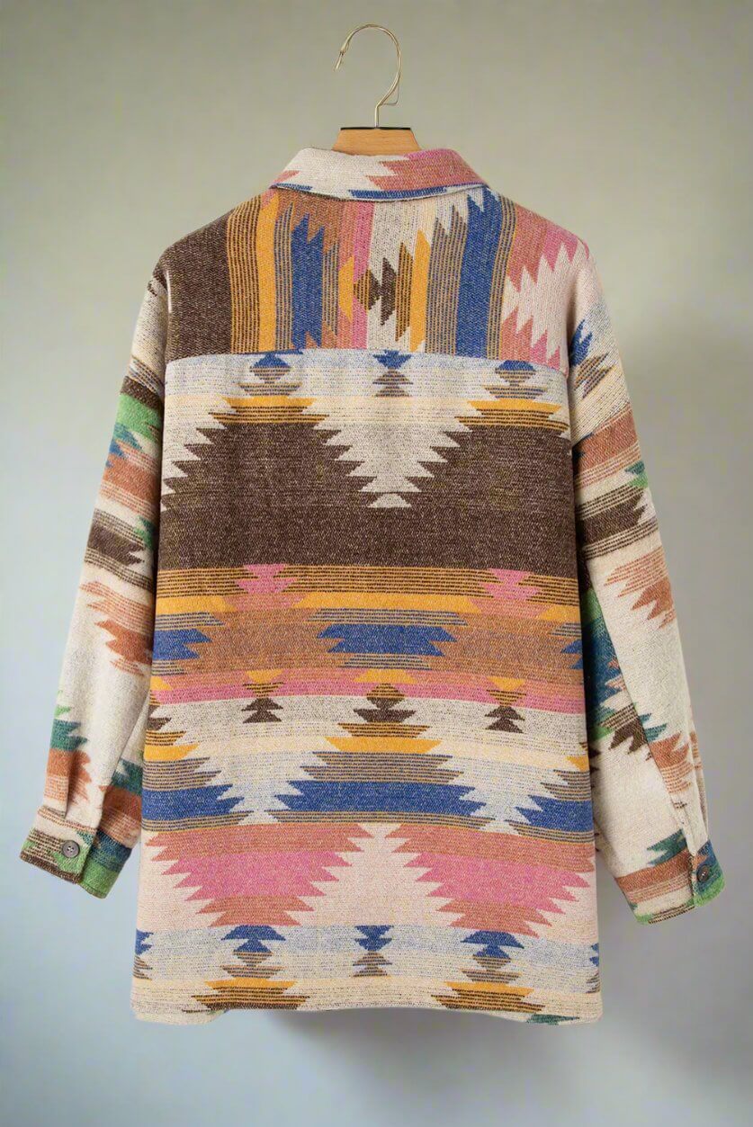 Vibrant Aztec print PAINTED DESERT Jacket with colorful patterns and soft fabric for stylish layering and unique wardrobe addition.