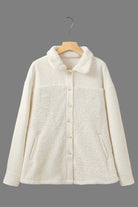 Ecru READY TO GO shacket by Vivian-Lu with quilted fabric and sherpa lining, button-up closure, perfect for cozy style.