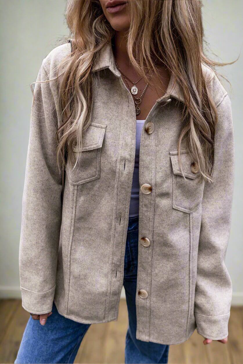 Taupe LOOKING FORWARD Jacket by Vivian-Lu with turn down collar, flap pockets, and buttoned front for a stylish look.