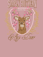 Simply Southern Hey Deer T-Shirt graphic featuring a deer with pink bows on a mauve background, showcasing a charming and whimsical country style.