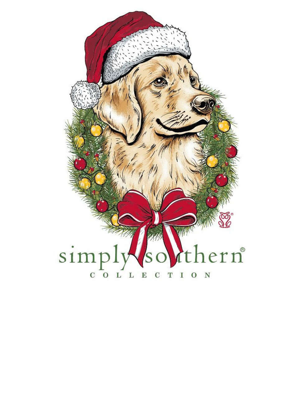 Adorable dog wearing a Santa hat and festive wreath with Simply Southern logo, featuring a red bow, on a white background.