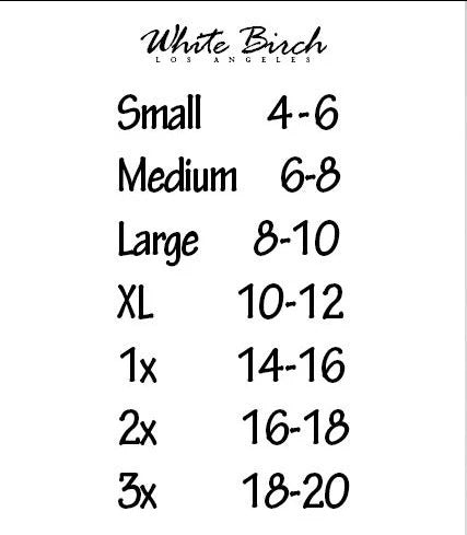 White Birch Los Angeles size chart ranging from Small (4-6) to 3X (18-20).