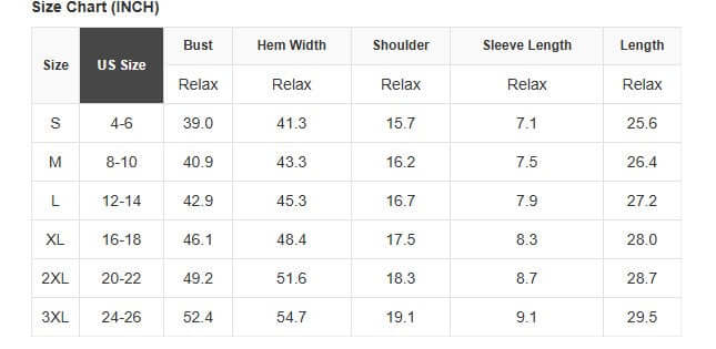 Size chart for DANCE OF THE NUTCRACKER T-shirt in inches, showing bust, hem width, shoulder, sleeve length, and length for sizes S to 3XL.