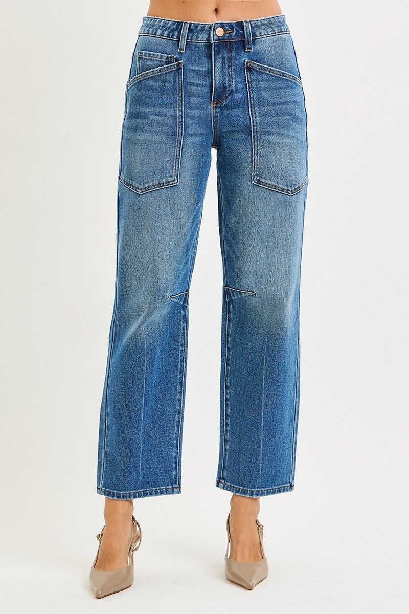 ELLA-KATE BARREL JEANS by Risen featuring mid-rise wide barrel leg and stylish patch pockets.