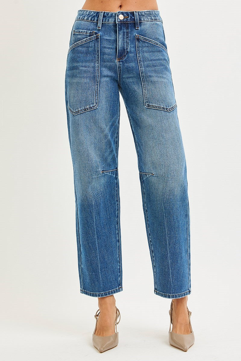 ELLA-KATE BARREL JEANS by Risen featuring mid-rise, wide barrel leg silhouette and stylish patch pockets.