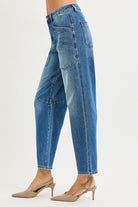 ELLA-KATE BARREL JEANS by Risen featuring mid-rise wide barrel leg and stylish patch pockets.