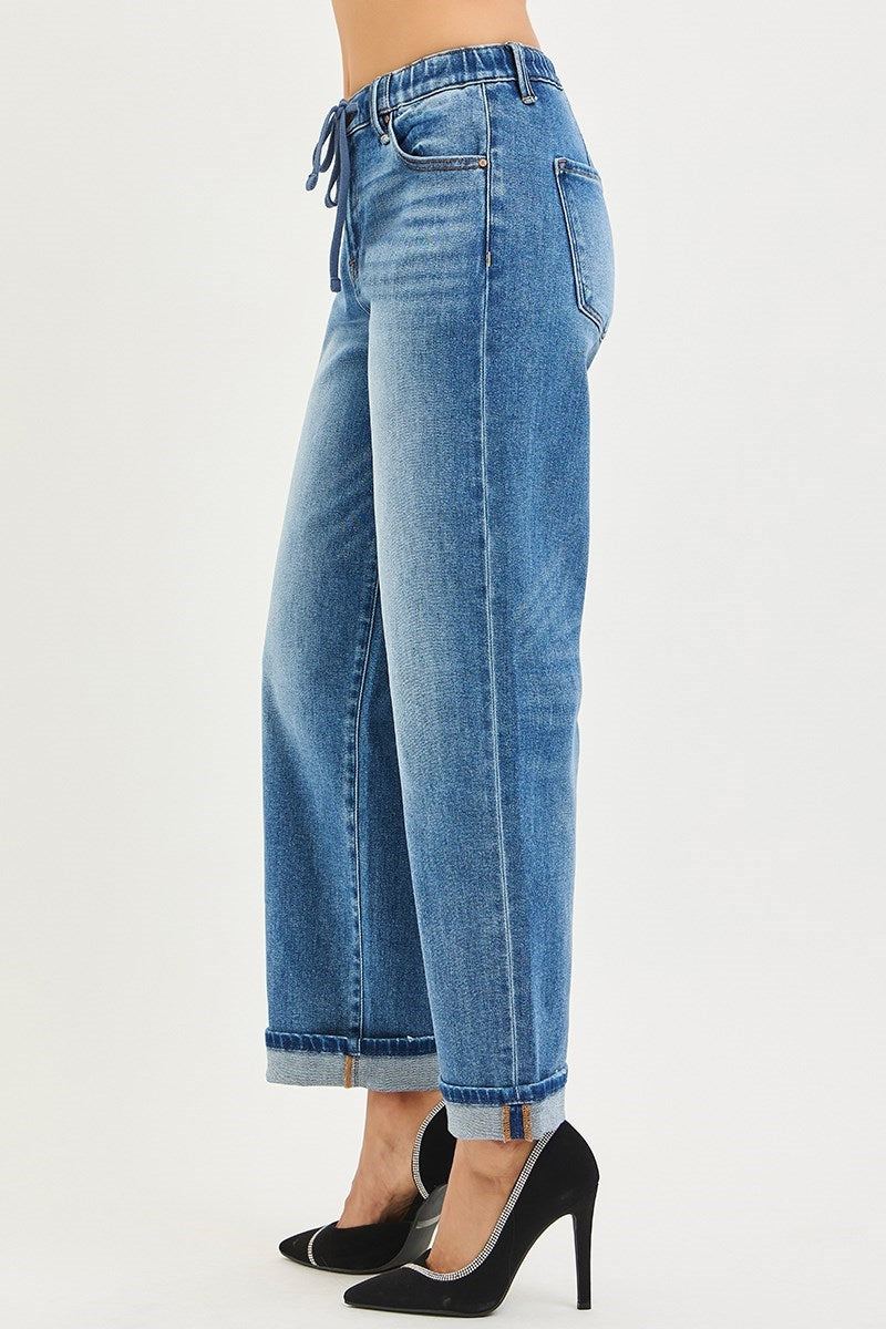 DARCY JEANS by Risen side view showing relaxed fit, elastic waistband, and cuffed hem for casual style.