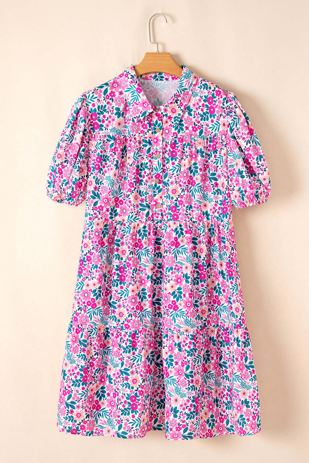 Heirloom Blooms Dress in vibrant pink floral print, featuring puff sleeves and tiered skirt for spring and summer style.