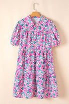 Heirloom Blooms Dress in vibrant pink floral print, featuring puff sleeves and tiered skirt for spring and summer style.