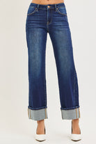 CHARLEIGH JEANS by Risen in dark wash, featuring a cuffed wide-leg style for relaxed, trendy fashion.