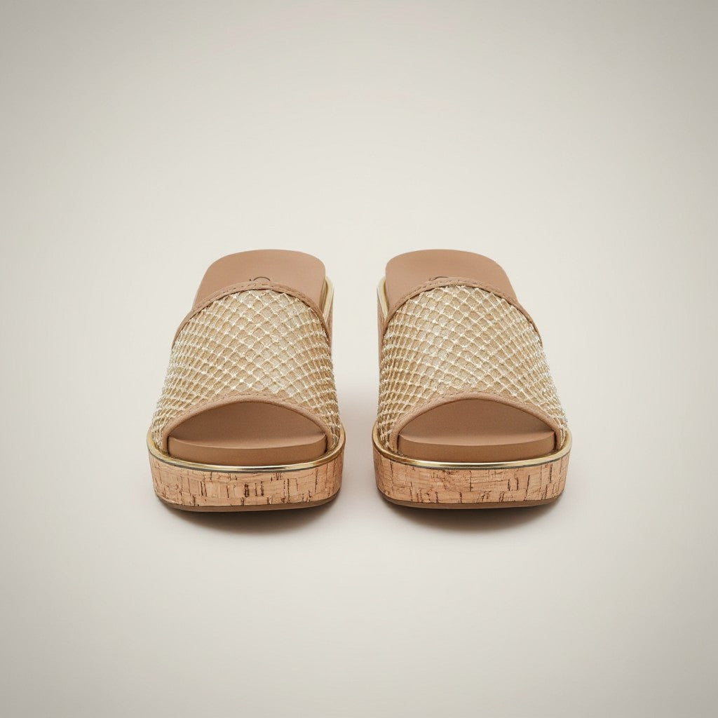 LETS MESH AROUND - CORKYS glamorous wedges with metallic mesh upper and cork sole, perfect for warm weather styles.