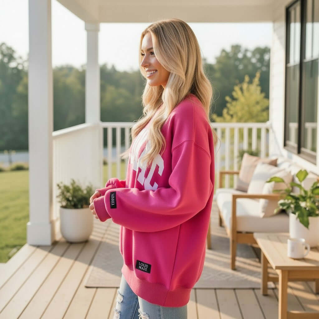 LULU MAC Hot Pink with White Puff Logo Crew worn by a woman outdoors, showcasing vibrant color and comfort in style.