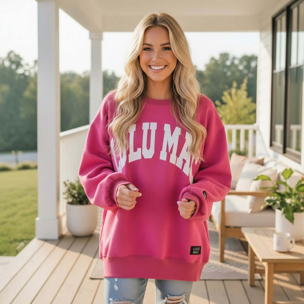 LULU MAC Hot Pink with White Puff Logo Crew displayed by a smiling woman outdoors.