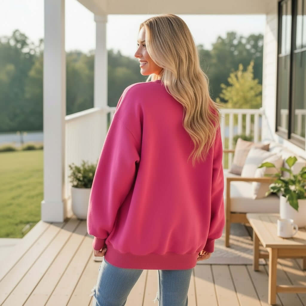 LULU MAC Hot Pink with White Puff Logo Crew worn outdoors, showcasing vibrant color and cozy style.