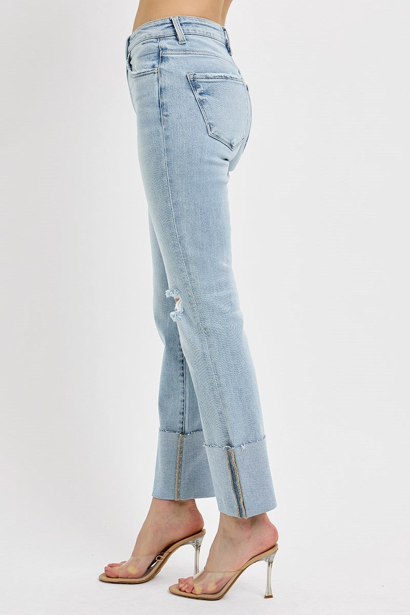 Side view of RISEN VANESSA JEANS showcasing a modern high rise design and wide cuffs, perfect for a stylish silhouette.