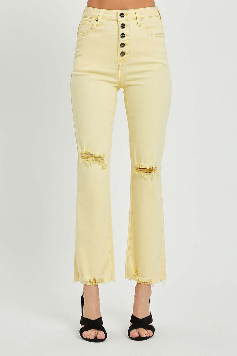 Sunny Girl Jeans by Risen in pale yellow, high rise with distressed knees and raw hems, perfect for trendy outfits.