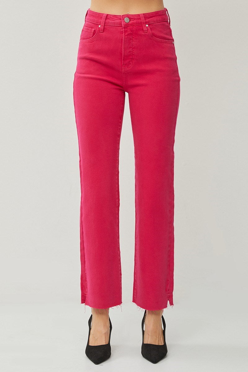 Risen Felicity high rise tummy control jeans in fuchsia with straight cut and frayed hem, perfect for flattering fit.