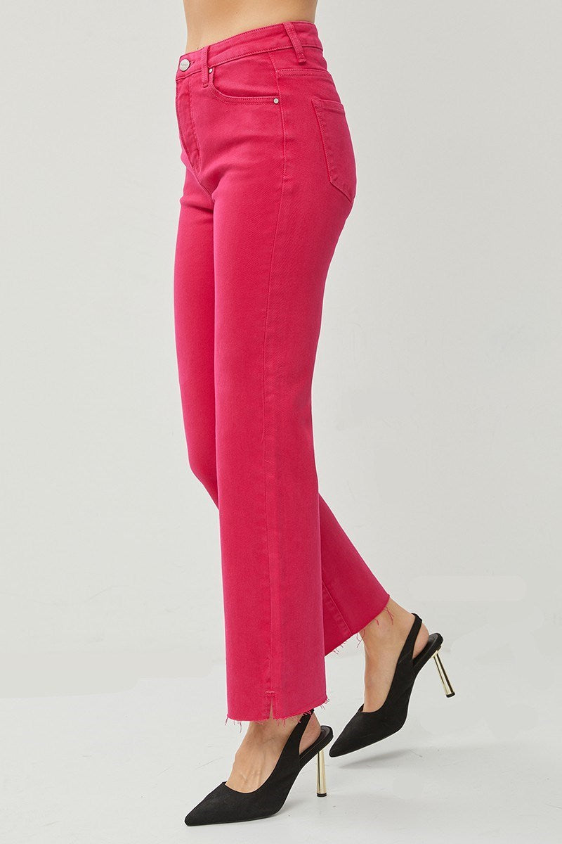 Risen Felicity high rise tummy control jeans in fuchsia, featuring a straight cut and rigid front panel for enhanced fit.